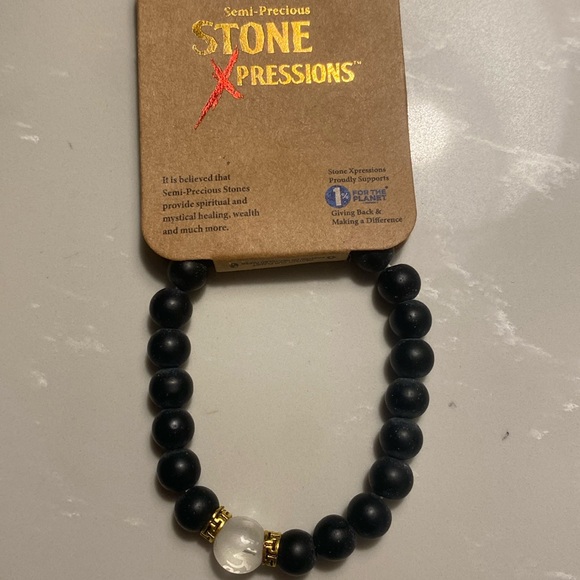 Obsidian semi precious stone stretch bracelet. Black beads w 1 clear bead NWT - Picture 2 of 4